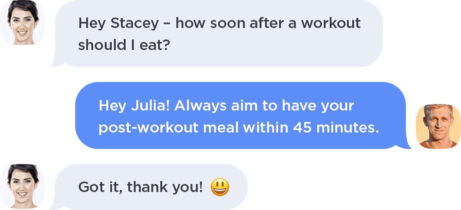 Trainer chat support for exercise and nutrition questions